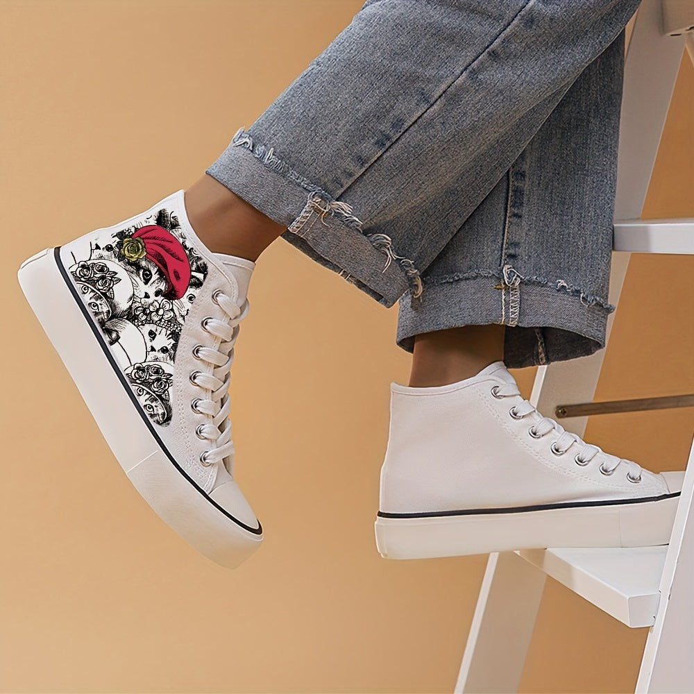 Women's High Top Canvas Shoes with Cat and Red Hat