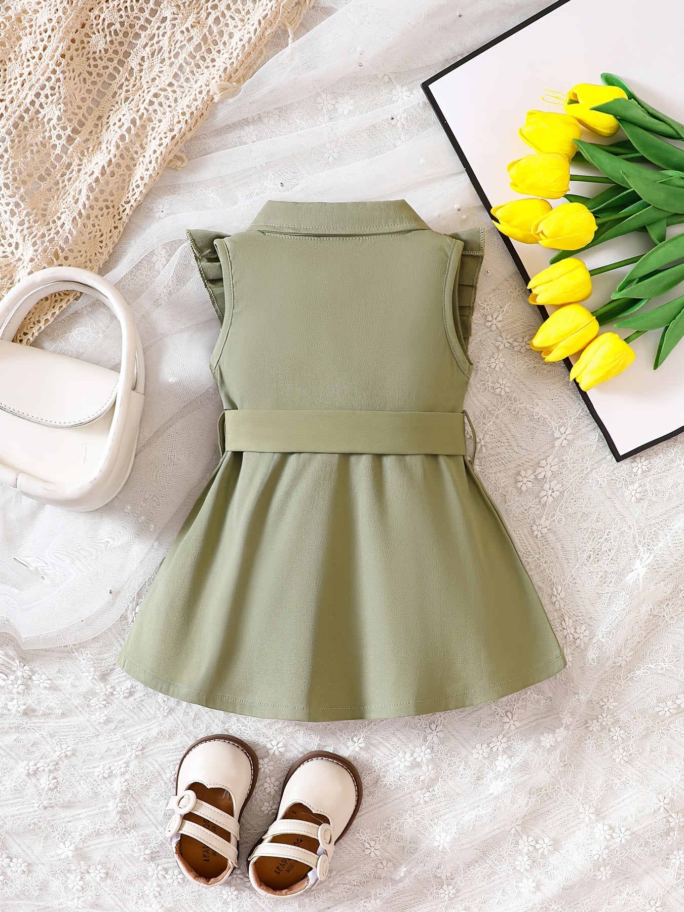Baby Girls Casual Button Front Ruffle Trim Dress