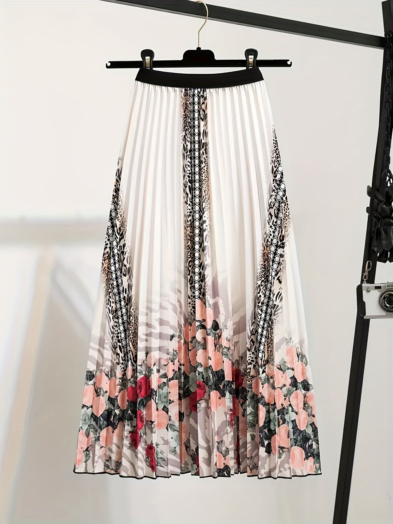 Floral & Leopard Print Elastic Waisted A line Skirt