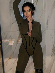 Solid Zip Up Jumpsuit Casual Bodycon Long Sleeve Jumpsuit