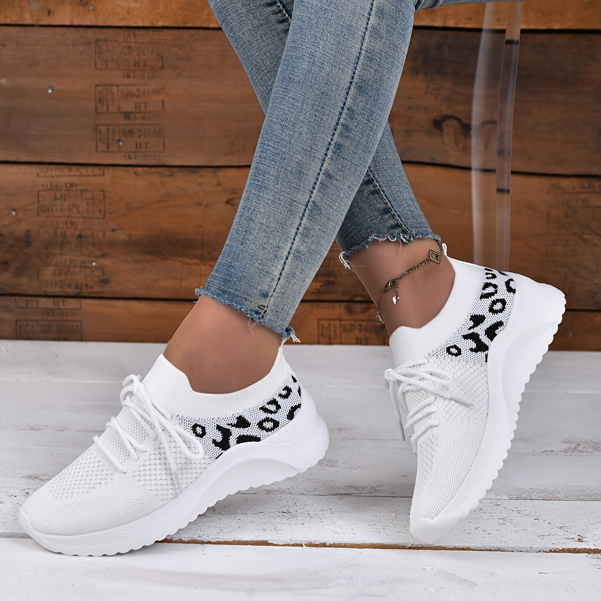 Leopard Print Knit Socks Sneakers Soft Sole Casual Running Shoes