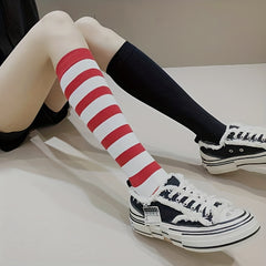 Star & Striped Print Calf Socks Elastic Knee High Stockings