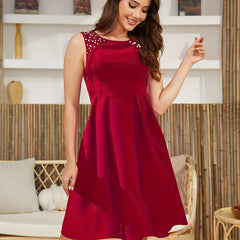 Beaded Bodycon Dress Sleeveless Crew Neck Slim Waist Ruched Dress