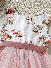 Girls Boho Floral Tank Dress With Band Belt Princess Dress