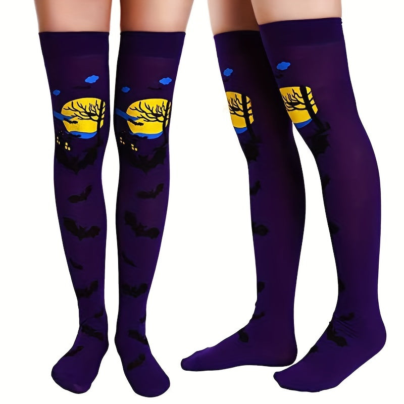 Bat Print Thigh High Socks Halloween Over The Knee Stockings