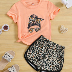 Girls Figure Graphic T Shirts & Leopard Shorts Set