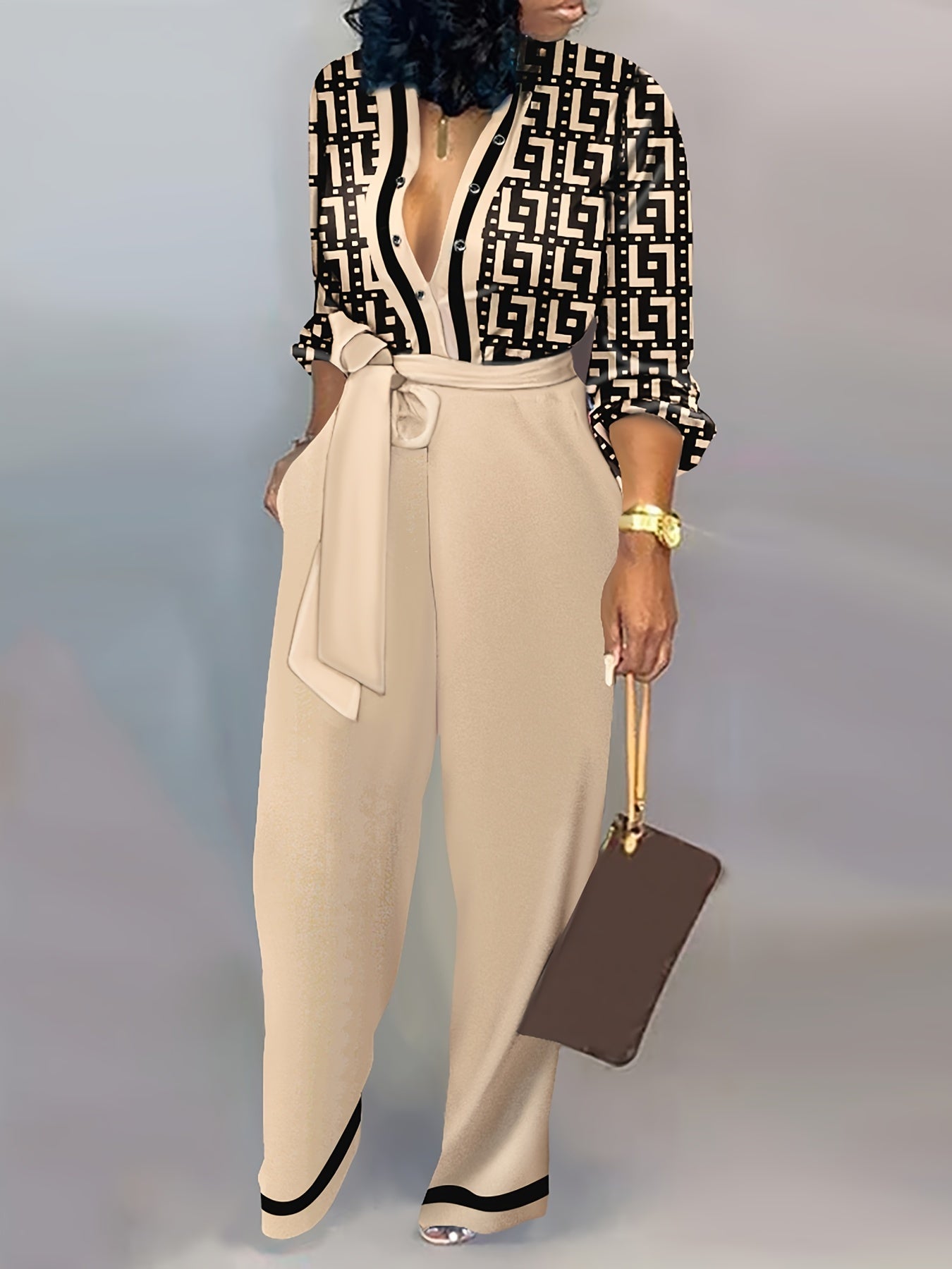 Geometric Print Wide Leg Jumpsuit Lace Up Long Sleeve