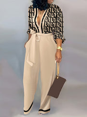Geometric Print Wide Leg Jumpsuit Lace Up Long Sleeve