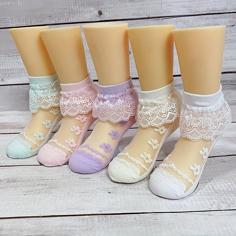 2 Pairs Girls Kids Ice Silk Lace Ruffled Princess Socks