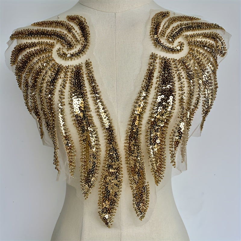 2pcs Golden Wings Sequin Beading Lace Applique for Wedding Dress