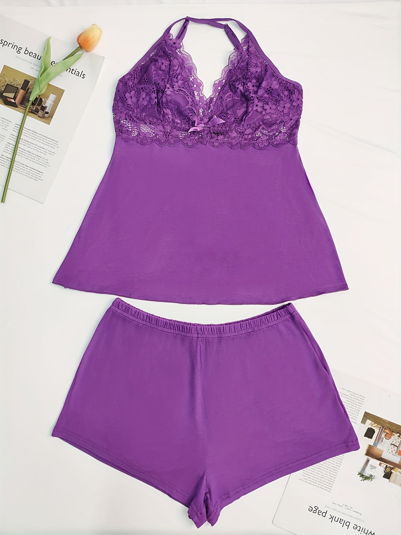 Lace Stitching Pajama Set V Neck Cami & Shorts