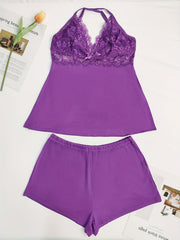 Lace Stitching Pajama Set V Neck Cami & Shorts