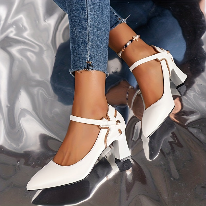Chunky Heeled Pumps Pointed Toe Ankle Strap High Heels Dress Pumps