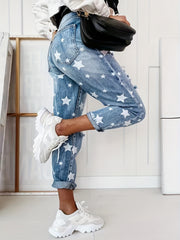 Star Print Ripped High Rise Tapered Leg Jeans