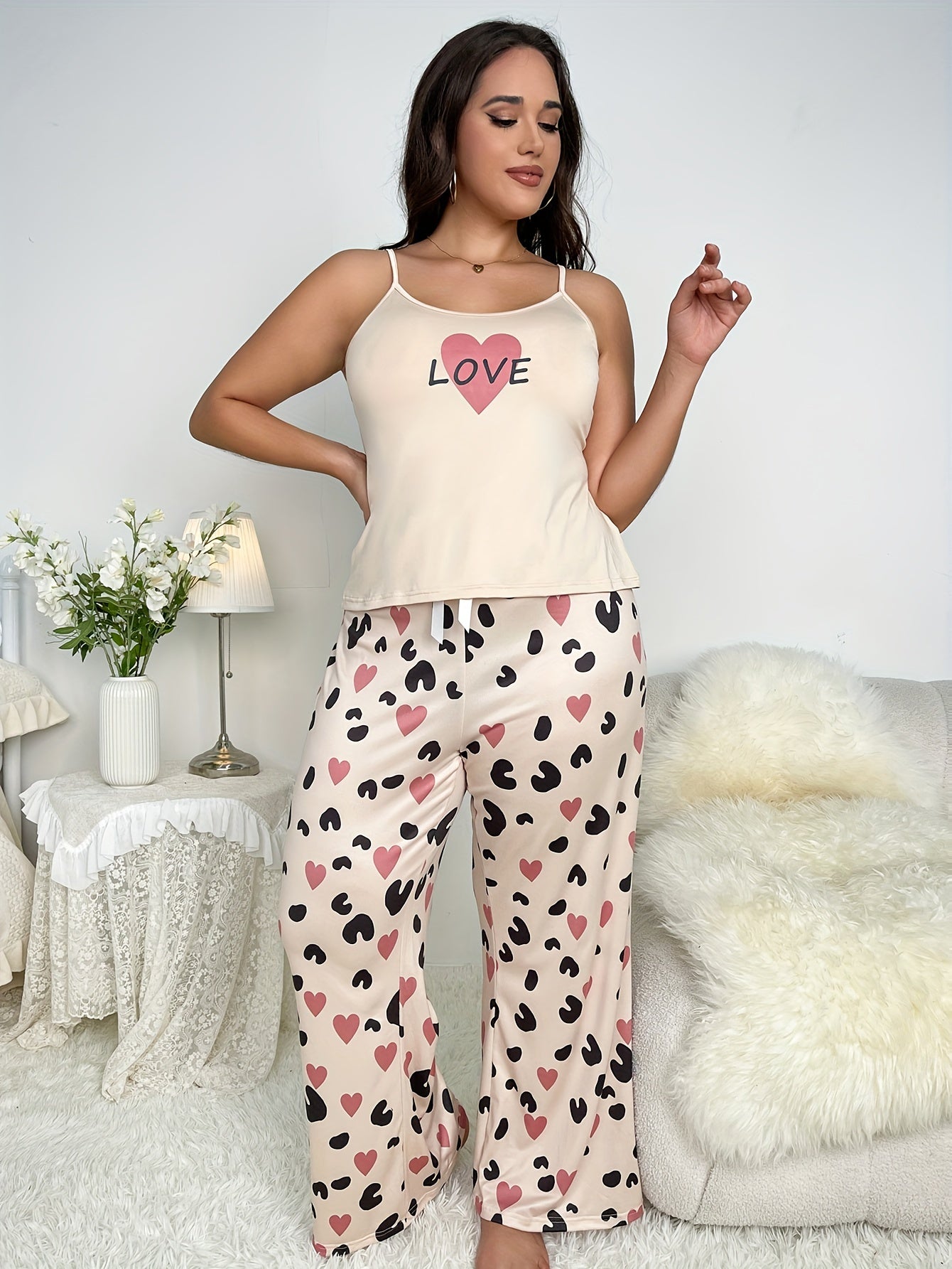 Heart Print Cami Top & Flared Leg Pants Lounge Set
