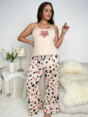 Heart Print Cami Top & Flared Leg Pants Lounge Set