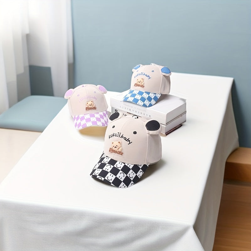 Kids Cartoon Bear Baseball Cap with Plaid Pattern for Outdoor Play
