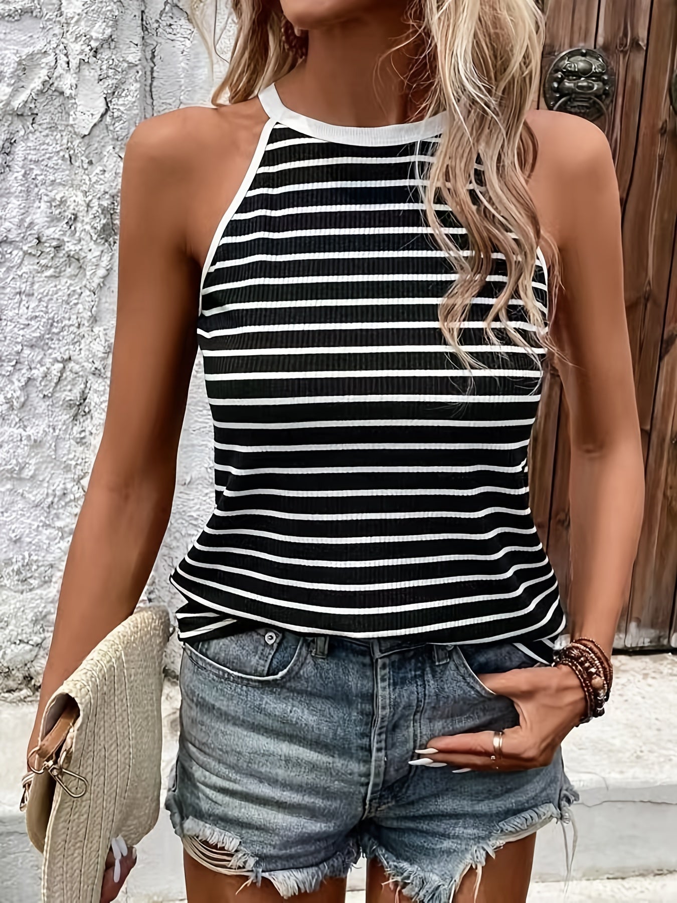 Stripe Print Halter Neck Top Sleeveless Summer Casual