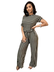 Striped Wide Leg Short Sleeve Jumpsuit Women's Plus Medium Stretch
