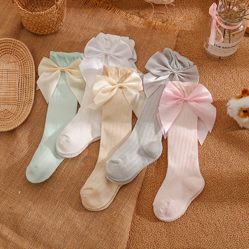 3 Pairs Baby Girls Knee High Socks Bow Cable Knit Over Calf Long Socks