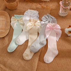 3 Pairs Baby Girls Knee High Socks Bow Cable Knit Over Calf Long Socks