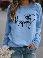 Happy Print Sweatshirt Crew Neck Women's Clothing