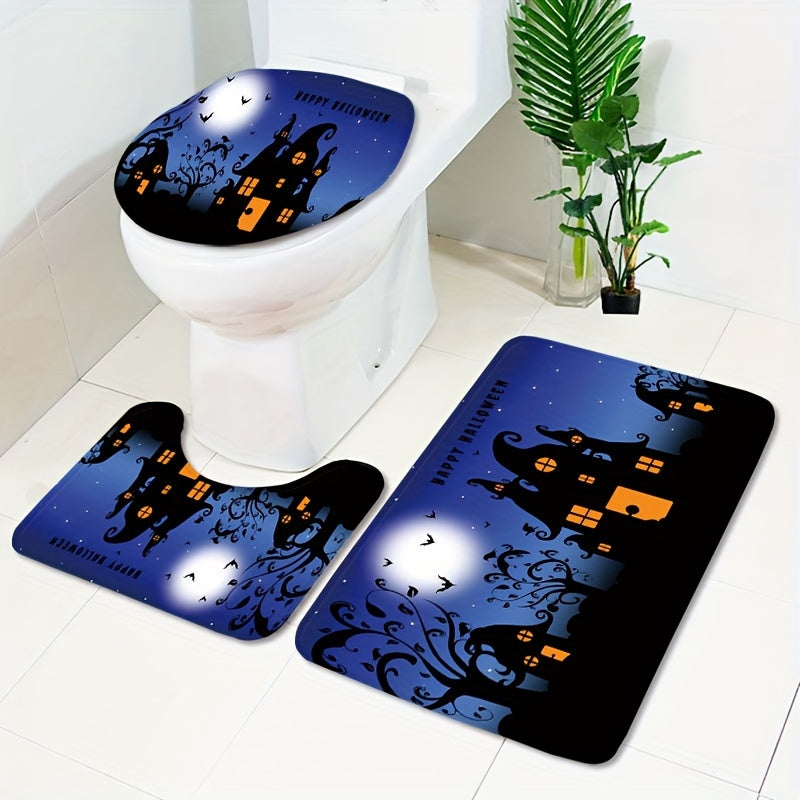 3pcs Halloween Pumpkin Mat Set Non Slip Bathroom Toilet Rug U Shape Mat