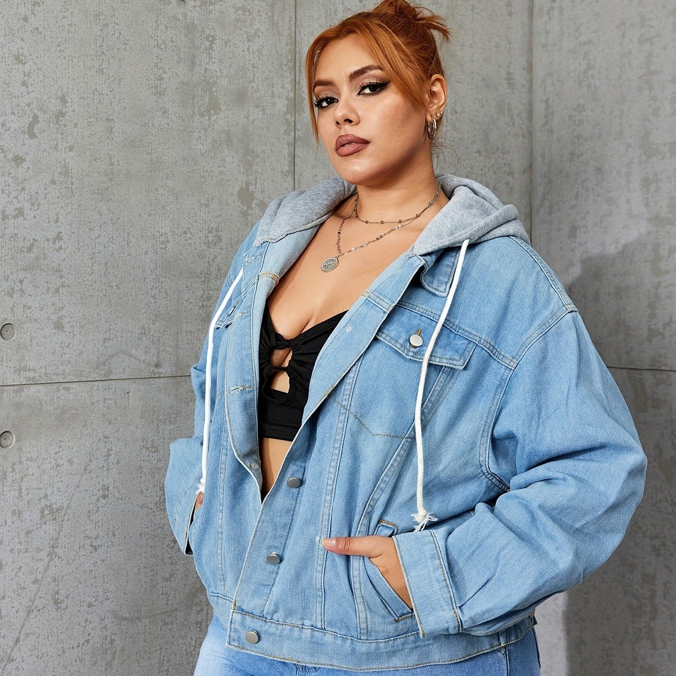 Colorblock Hooded Drawstring Denim Jacket