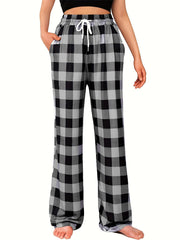 Colorblock Plaid Lounge Pants Drawstring Lace Up Womens Loungewear