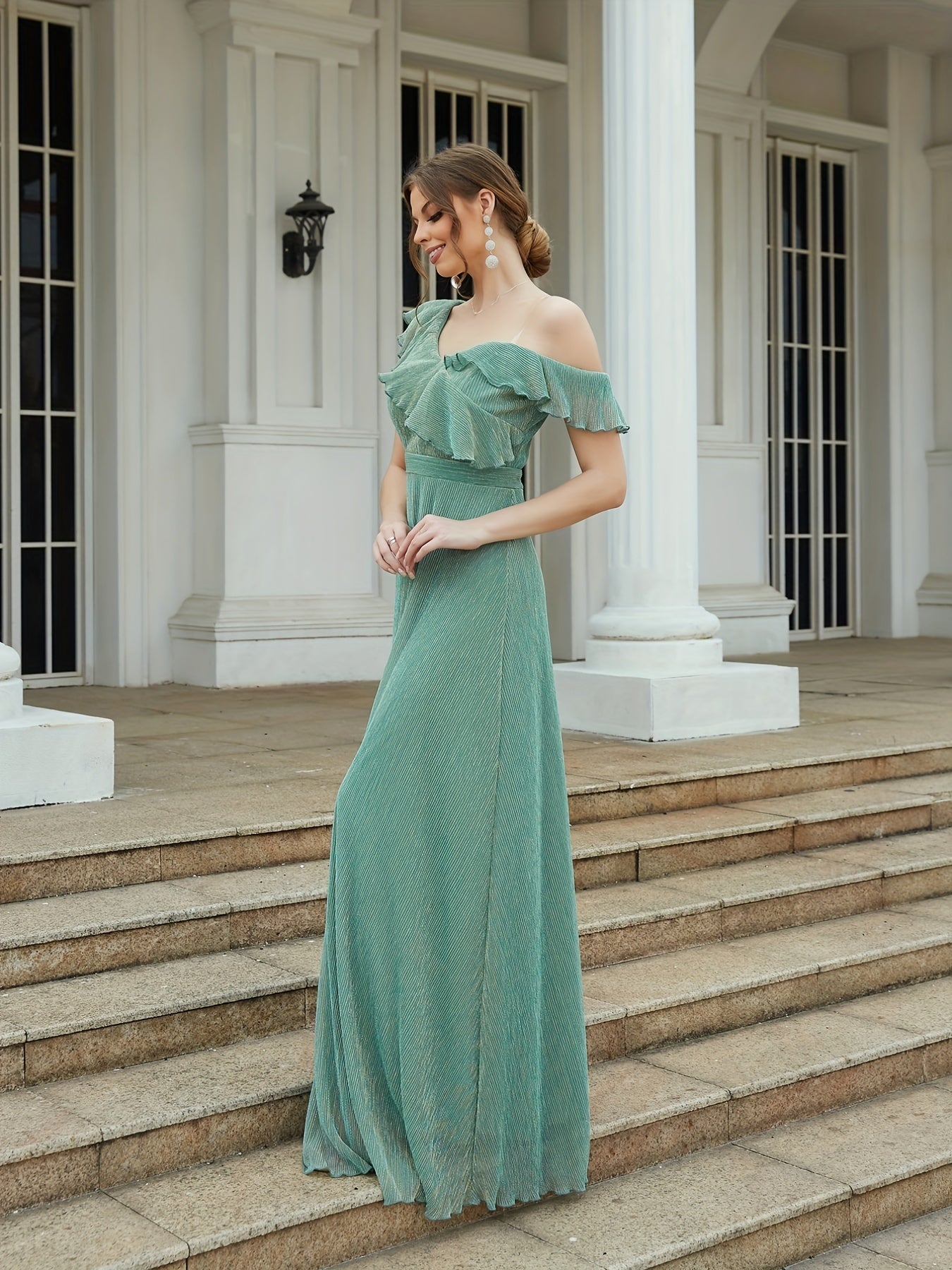 One Shoulder Ruffle Trim Bridesmaid Dress Maxi for Wedding Party