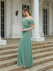 One Shoulder Ruffle Trim Bridesmaid Dress Maxi for Wedding Party