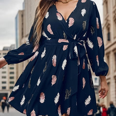 Women's Plus Feather Print Long Sleeve Surplice Neck Mini Dress With Belt