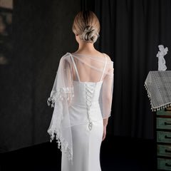 Off Shoulder Tulle Wedding Shawl Floral Print Bridal Veil