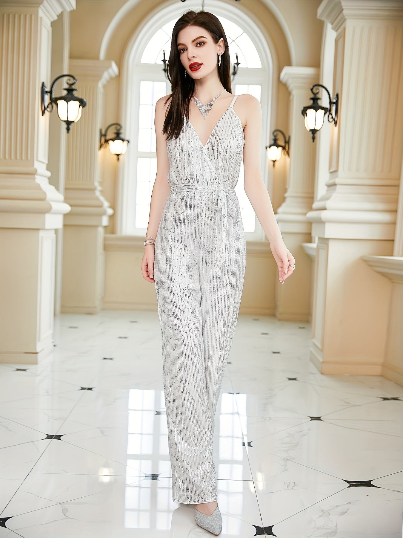 Sequined V Neck Jumpsuit w/Belt