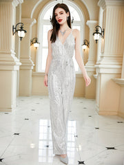 Sequined V Neck Jumpsuit w/Belt