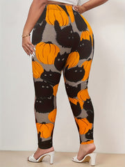 Women's Plus Size Cat & Pumpkin Print High Rise Leggings