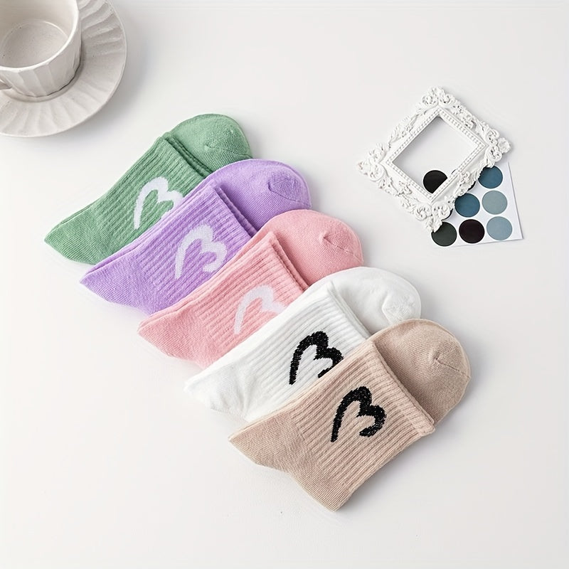 5 Pairs Heart Print Socks Comfy & Breathable Women's Stockings & Hosiery