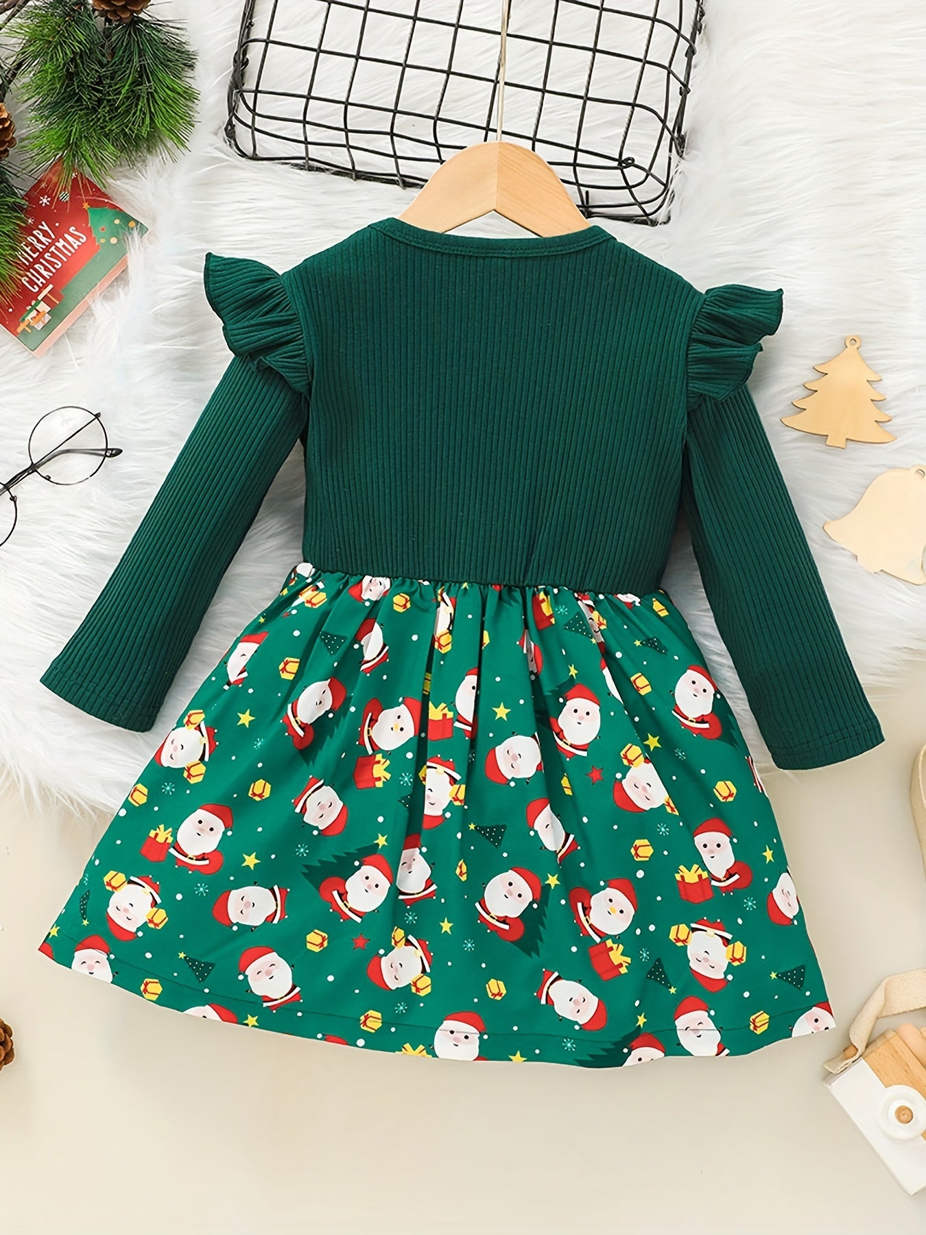 Santa Graphic Ribbed Long Sleeve Dress For Girls