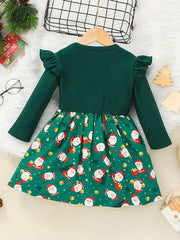 Santa Graphic Ribbed Long Sleeve Dress For Girls