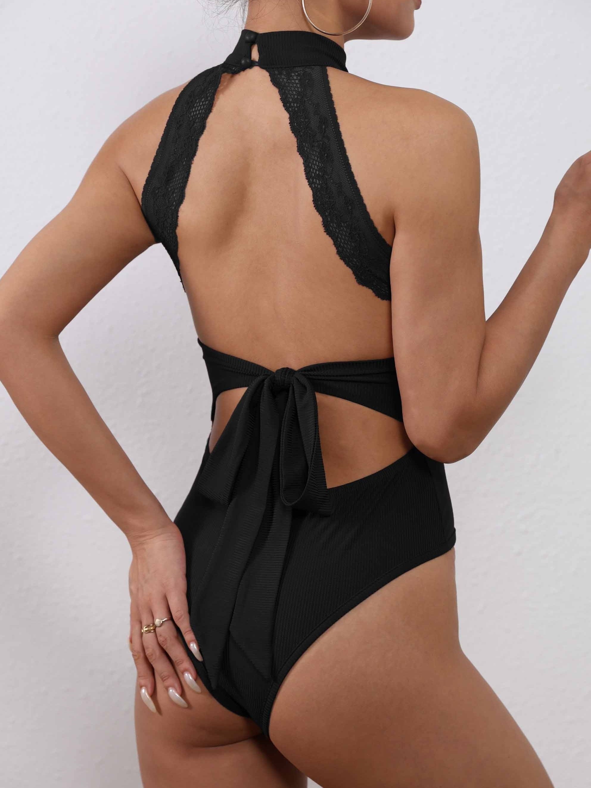 Lace Tie Back Bodysuit Halter Neck Sleeveless