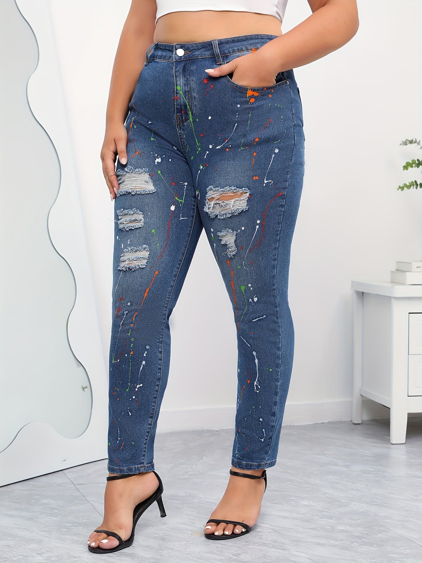 Splash Print Ripped High Rise Skinny Jeans