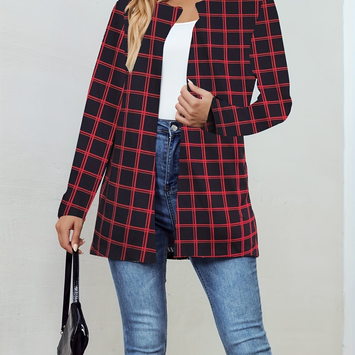 Plaid Crew Neck Jacket Casual Open Front Long Sleeve Jacket