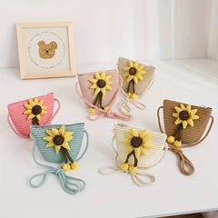 Girls Sunflower Straw Bag Crossbody Messenger Coin Purse