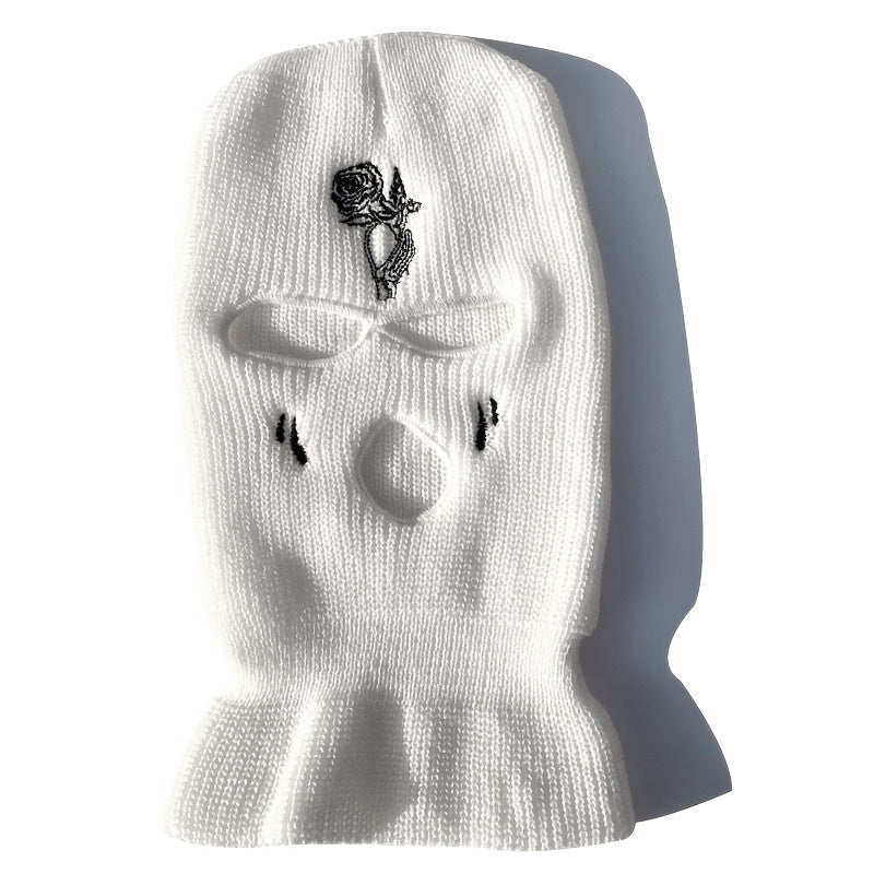 Rose Tears Embroidery Balaclava Hat Ski Mask Winter Soft Knit Warm