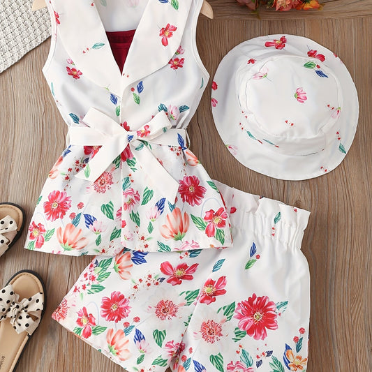 Girls Floral Suit Sleeveless Shirt Shorts Belt Hat Set