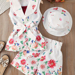 Girls Floral Suit Sleeveless Shirt Shorts Belt Hat Set