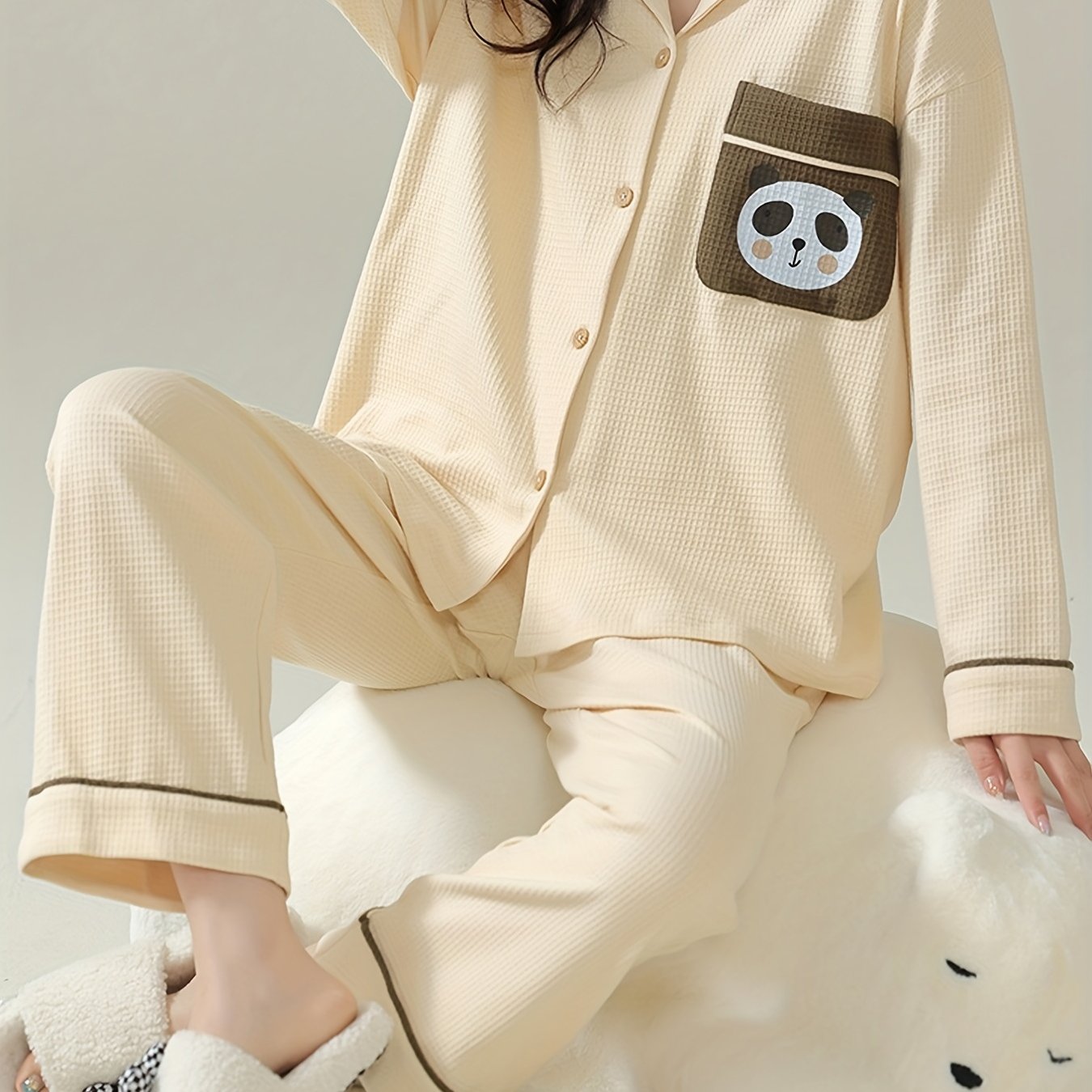 Cartoon Panda Pajama Set Long Sleeve Top & Pants