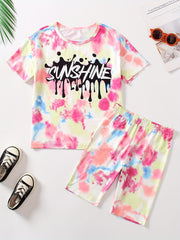 Girls 2 Piece Tie Dye Tee Shirt & Biker Shorts Set