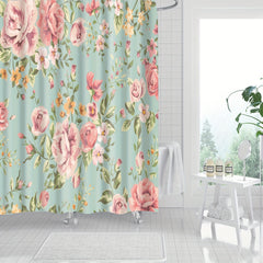 Vintage Green Floral Shower Curtain 71x71 Inches Waterproof with 12 Hooks