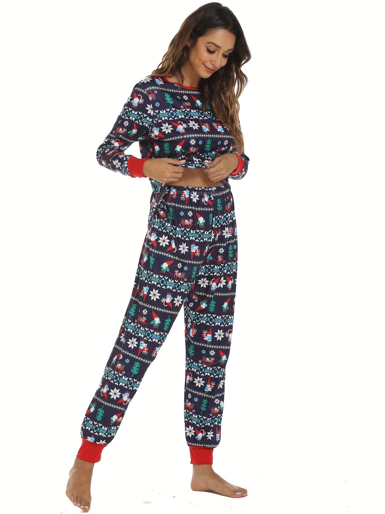 Christmas Print Lounge Set Long Sleeve Top & Pants Women's Loungewear